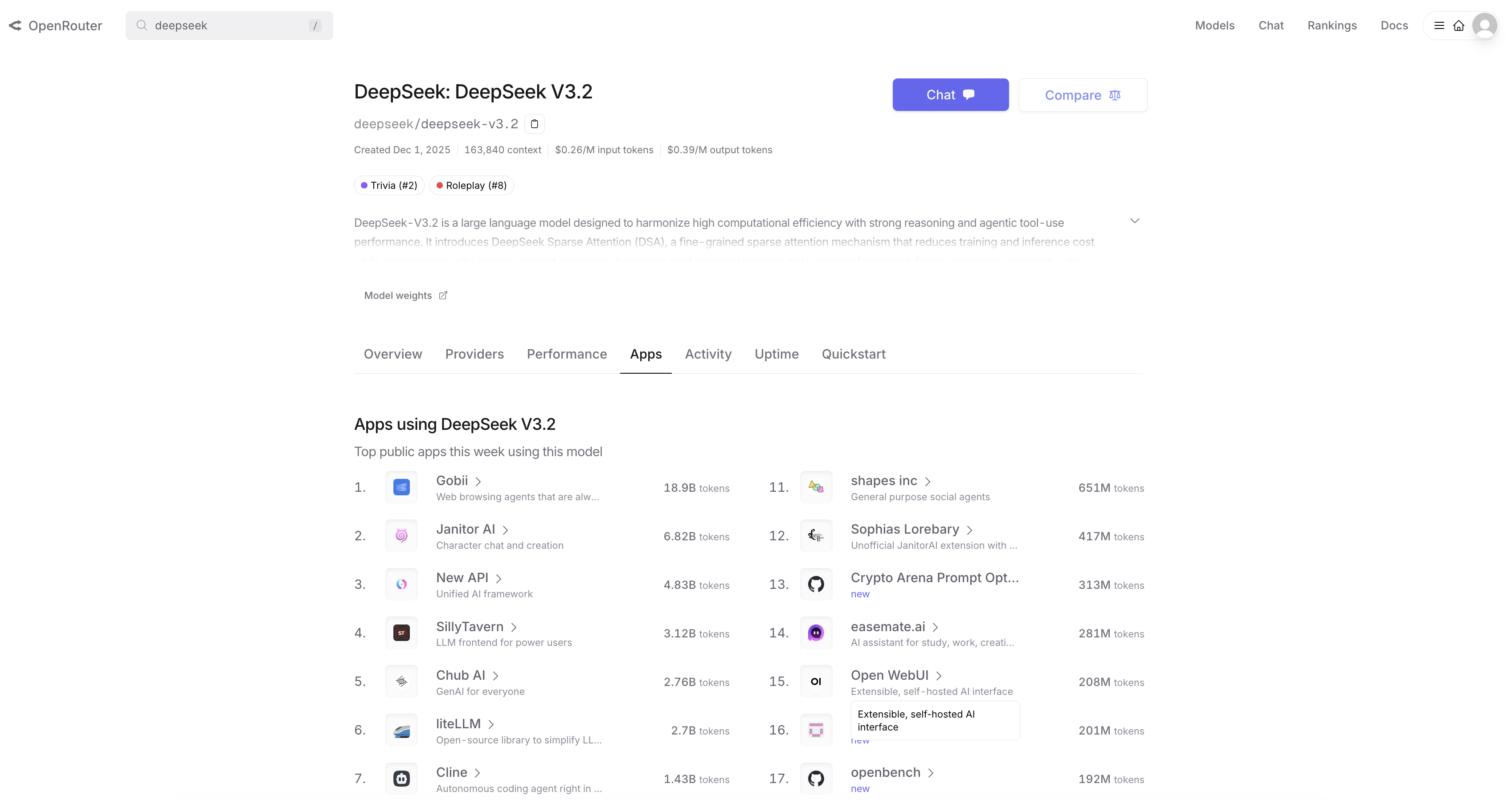OpenRouter Apps leaderboard showing Gobii at #1 for DeepSeek V3.2 usage with 18.9B tokens